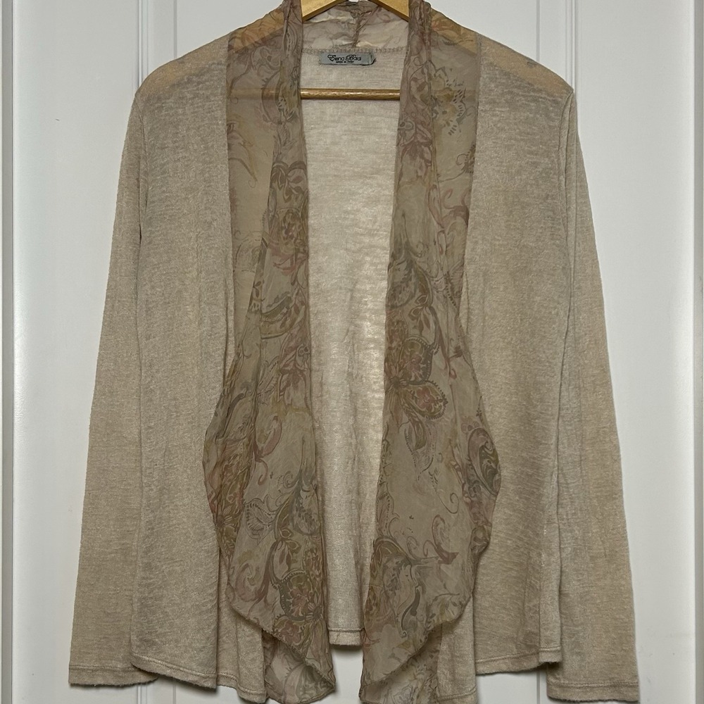 Elena Baldi Made in Italy Silk Paisley Drape Sheer Knit Open Front Cardigan